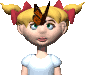 Animated sequence of a cartoon character with blonde pigtails and red bows, showing butterfly movement on her head and eye expressions changing from open to closed.