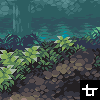 Pixel art scene depicting a dense bamboo forest with layered green foliage, rocky terrain, and teal-blue background under dim lighting.