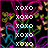 Pixelated icon with repeated 'xoxo' text in white block letters over a black background with swirling pink, blue, green, and yellow patterns.