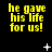 Yellow pixelated text on black background reads 'he gave his life for us!' with white star-like shapes scattered across the scene.