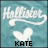 A static icon with 'Hollister' text, a heart symbol, and 'KATE' label on a teal background.
