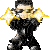 Pixelated character in black attire with yellow energy effects at both hands, standing in a combat pose against a white background.