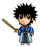 Pixel art character with spiky black hair, red eyes, and a blue-and-white striped robe holding a golden sword that changes to a wooden staff with smoke.