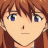 A 48x48 pixel buddy icon featuring a split composition with an anime-style character on the left and text elements on the right against a black background.
