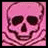 Pixelated pink skull icon with dark eye sockets and nasal cavity, featuring a striped scarf or cloth around the lower jaw, displayed in two side-by-side frames showing slight animation differences.