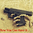 A pixelated black handgun with a silver trigger guard rests on a beige textured background, with red pixelated text at the bottom.