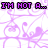 Pixelated text phrases in purple and black on a white background with faint purple line art