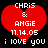 Two identical red heart-shaped icons with white pixelated text reading 'CHRIS & ANGIE 11.14.05 i love you' on black background.