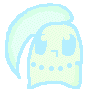 Pixelated cartoon head with light blue outline, mint green face, and light blue hair, showing two expressions in a