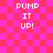 Pixelated text "PUMP IT UP!" repeated in four identical quadrants on a pink and red checkered background.