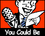 Animated cartoon character holding microphone and paper against red background with text changing across frames.