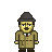 Pixelated character in trench coat and fedora with stern expression, standing against solid gray background.