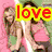 four pixelated images showing a woman with long brown hair in various poses and backgrounds, each overlaid with colored text