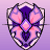 A shield-shaped icon with pink and purple floral patterns, featuring a character in purple clothing with a blue item and brown belt, shown in multiple poses against a light purple background.