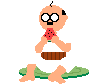 A cartoon baby in white clothing sits on a green mat holding a red watermelon slice, with visible changes to mouth and facial expression across frames.