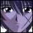 Pixelated anime-style face with purple hair and large eyes, next to stylized text on a black background.