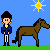 Pixel art animation contact sheet showing a rider and horse in various states across six frames with blue sky, green grass, and yellow suns.