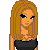 Pixel art avatar of a woman with long blonde hair, blue eyes, and a black top, shown in multiple color variations of text below.