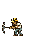 Pixel art animation of a miner character swinging a pickaxe in multiple sequential poses against a solid gray background.