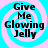 Four identical circular icons with cyan and pink spiral backgrounds display the text "Give Me Glowing Jelly" in black pixelated font.