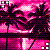 Pixelated static image of a tropical scene with palm trees and pink-hued sky rendered in low-resolution 256x256 pixels using magenta, purple, black, and white color palette.