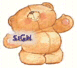 Three variations of a cartoon teddy bear with peach cheeks and brown fur, each holding a different text bubble against white backgrounds.