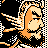 Pixelated static icon of a stylized figure with orange and beige tones against black background, featuring motion blur effects on limbs and head.