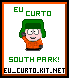 Pixel art avatar of a character with green hair and orange sweater, waving hand raised to ear, text 'EU CURTO' above and 'SOUTH PARK!' below on white background.