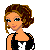Pixelated cartoon woman in black dress with white text, showing multiple poses and partial views against a white background.