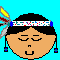Pixelated avatar with brown skin, black hair, and a feathered headband showing two expressions: closed eyes on left, open eyes smiling on right.