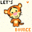 Pixelated orange tiger cub with pink nose and yellow belly stands against light background, text 'LET'S' above and 'BOUNCE' below in pixel font.