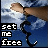 Pixelated image of a person in a white shirt and blue pants with a chain, set against a cloudy sky background, with text reading 'set me free' in block letters.