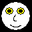 Six pixelated white circular faces with black outlines, each featuring a different colored gear-shaped eye set against a black background.