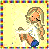A 3x2 contact sheet of a pixelated animated icon featuring a cartoon girl and text phrases, with visible dithering and color banding on a yellow background bordered by rainbow stripes.