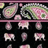 Pixelated static image of multiple pink and green cartoonish animal figures arranged in a grid on black background with horizontal purple bands.