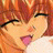 Pixelated close-up of a cartoon character with red hair, closed eyes, and an open mouth showing pink tongue against warm orange background.