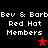Pixelated text displays 'Bev & Barb' with 'Red Hat Members' beneath, two red stars on black background; one star animates from bright to dark red.