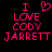 Pixelated pink text and heart symbol on black background, two identical side-by-side layouts with 'I' above a heart then 'LOVE CODY JARRETT' below.