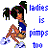 Pixelated static icon of a cartoon character with dark hair in pigtails, wearing blue top and brown pants, holding a green object while standing next to blue text reading "Babies is Pimps" on white background.
