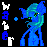 Pixelated blue pony with cyan mane and tail, green eyes, standing against black background; text "water" in white and blue letters on left side.