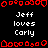 Pixelated text displays 'Jeff loves Carly' in white on black, surrounded by red decorative borders with repeating patterns.