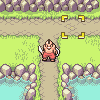 Pixel art character in red pants and white gloves stands on a dirt path between grassy areas with purple rocks, holding two white objects.