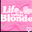 A 5x4 contact sheet of animated frames showing a pink-themed icon with "Life is Blonde" text and changing white heart-shaped symbols on a patterned background.