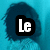 Pixelated icon with white 'Le' text on black background, surrounded by blue gradient and dark blue circular blur.