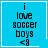 Blue square icon with black pixelated text reading "i love soccer boys <8" and a white border; one version includes a small white heart symbol in the bottom-right corner.
