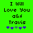 Green background with black pixelated text reading 'I Will Love You a&f Travis' and five purple flower icons below, where the third flower shifts from blue to gray between frames.
