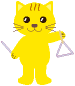 Yellow cartoon cat with brown stripes on head, holding a purple triangle-shaped object and a stick-like item against gray background.