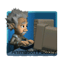 Pixelated character with gray hair typing on a computer, blue background, repeated in a with visible text at the bottom