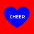 Four blue heart shapes with white text "CHEER" on a red background, arranged in a