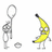 Two pixelated figures: a gray key-shaped character with circular head and limbs, and a yellow banana figure with black tips and stick legs.